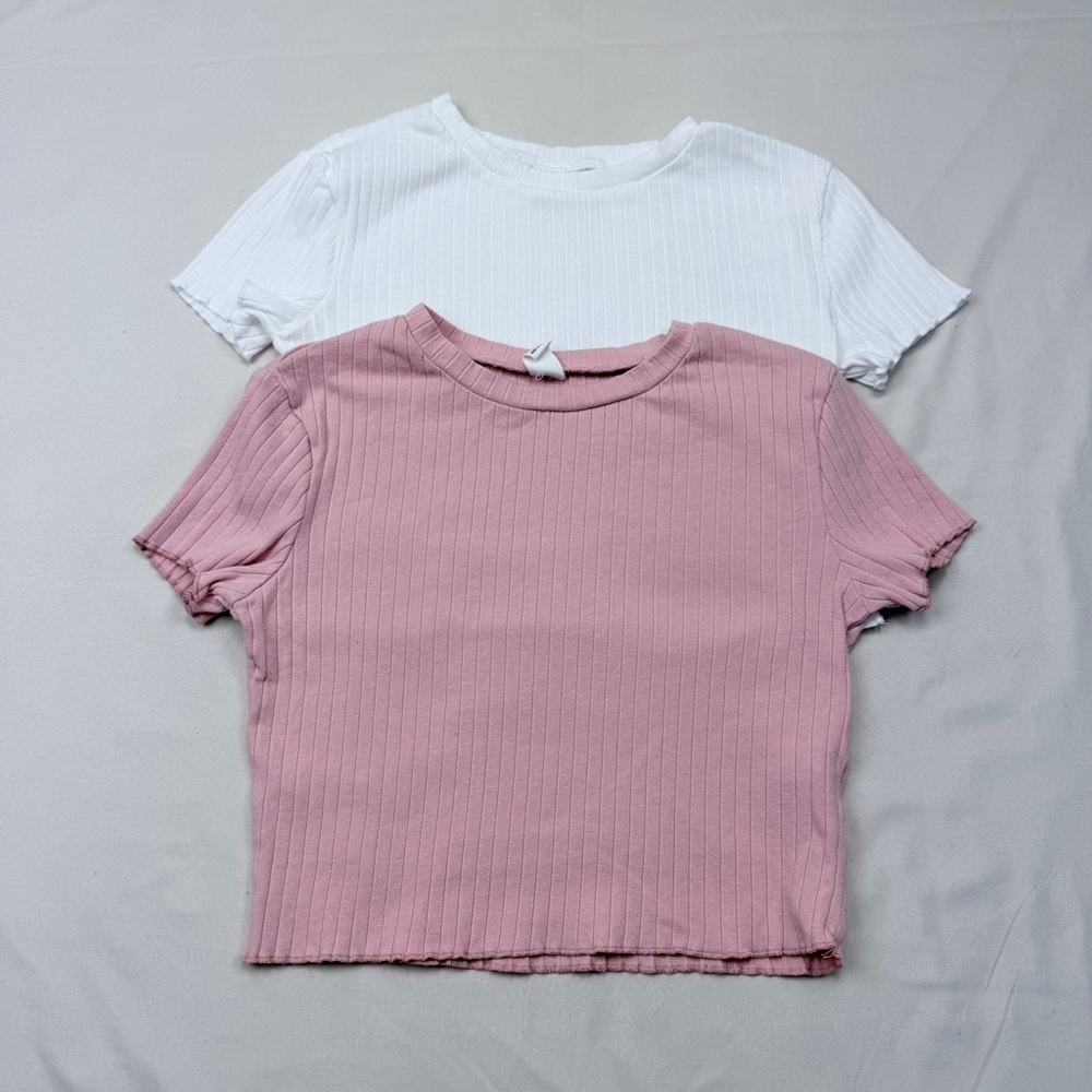 Kids Ribbed Knit Tees - Pink and White